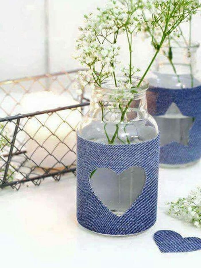 Easy tealight candle holders using denim scraps and glass jars